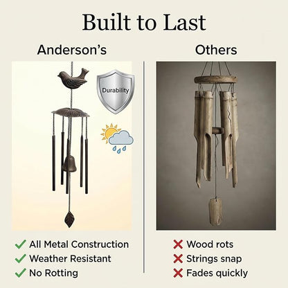 Anderson's Bird Wind Chimes, Antique Metal Outdoor Decor for Garden, Patio, Porch, or Memorial Gift, 33" Soothing Sound, No Assembly, Faux Patina Finish, Great for Relaxation & Meditation
