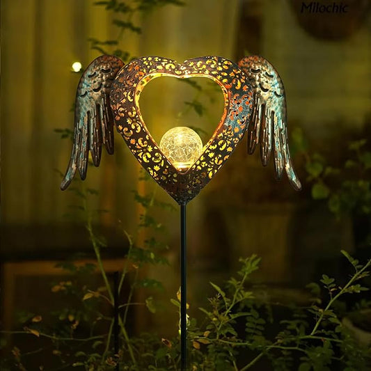 Solar Garden Lights Waterproof Metal Solar Warm White LED Stake Light Memorial Gift Metal Stakes Lights Crackle Glass Light for Lawn, Pathway, Patio Decor (Heart-Wing)