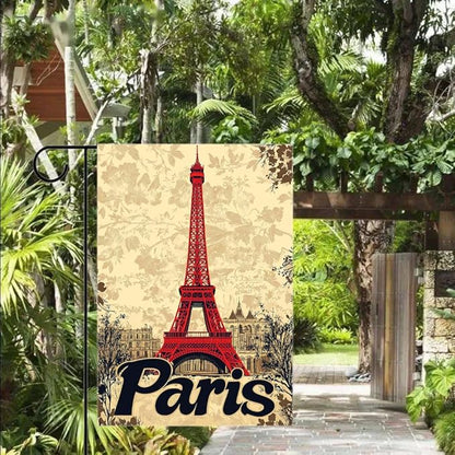 Gkyygk Paris Eiffel Tower Welcome Garden Flag Vintage Floral 12x18 Inch Double Sided Small Burlap Banners Yard House Seasonal Farmhouse Home Decor for Men Women