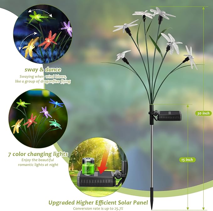 2PCS Outdoor Solar Lights, Waterproof Solar Lights Outdoor Pathway, Solar-Powered Garden Swing Dragonfly Decorative Lights for Yard Balcony Flower Bed, Gardening Plant Lovers