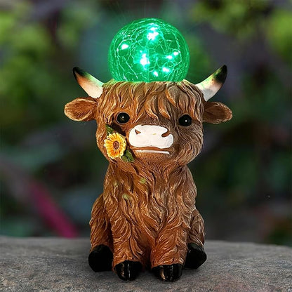 HONGLAND Solar Highland Cow Outdoor Garden Statues, Outside Decor with Color Changing Lights for Yard Lawn Ornaments Porch Patio Balcony Home Farmhouse, Birthday Gifts for Grandma Mom Women