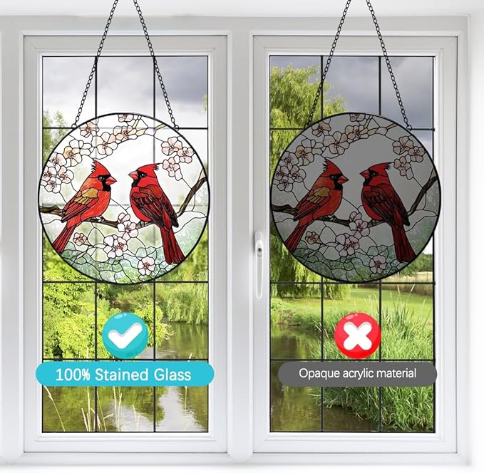 Cardinal Suncatcher Stained Glass Window Hanging - 8” Handmade Red Bird Suncatchers for Windows Hanging - Sun Catchers Indoor Wall Decor Art Glass Panels - Mothers Day Birthday Gifts for Mom Grandma