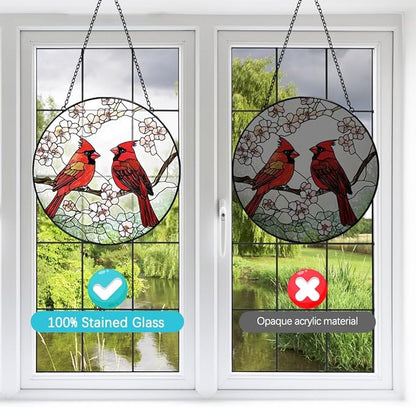 Cardinal Suncatcher Stained Glass Window Hanging - 8” Handmade Red Bird Suncatchers for Windows Hanging - Sun Catchers Indoor Wall Decor Art Glass Panels - Mothers Day Birthday Gifts for Mom Grandma