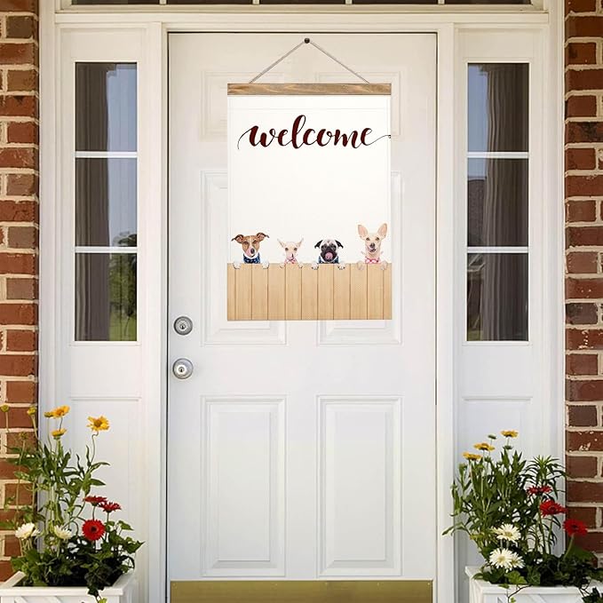 Mugod Welcome Dog Garden Flag, Cute Puppy on Fence Rustic Farmhouse Design, Vertical Double Sided Burlap Yard Flag 12.5x18 Inch, Pet Lover Outdoor Patio Lawn Decor