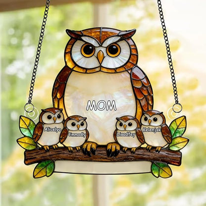 Personalized Owl Mom and Kids Stained Glass Suncatchers, Custom Name Mothers Day Sun Catcher, Owl Mother Acrylic Window Hanging Ornament, Mother's Day Christmas Birthday Gifts (Style 09)