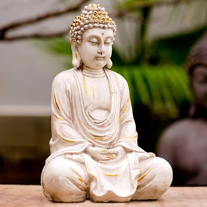 Goodeco 11.4 Meditating Zen Buddha Statue Figurine Sculpture - Indoor/Outdoor Decor for Home,Garden,Polyresin (White)