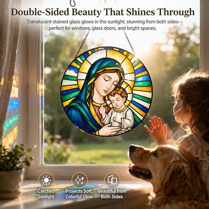 Virgin Mary and Child Suncatcher Window Hanging, 7.8" Stained Glass for Mom, Grandma and Friends, Faith Decor for Window, Prayer Room, Sunroom and Office