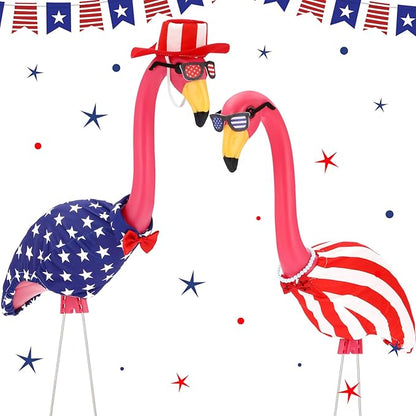 Geelin 2 Set 4th of July Yard Flamingo Outfits 31" Patriotic 250th Anniversary Memorial Day American Flag Outdoor Signs Red White Blue Yard Flamingos Decor, Statue Not Included