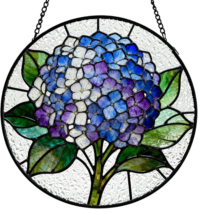 Blue White Hydrangea Flower Stained Glass Window Hanging, Cottagecore Hydrangea Floral Suncatcher Indoor Window Glass Round Wall Art Decor, 7.9x7.9 Inch
