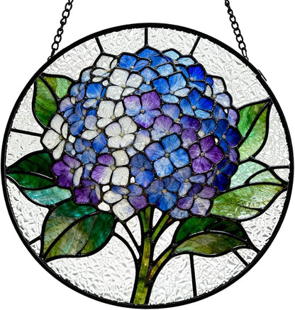 Blue White Hydrangea Flower Stained Glass Window Hanging, Cottagecore Hydrangea Floral Suncatcher Indoor Window Glass Round Wall Art Decor, 7.9x7.9 Inch