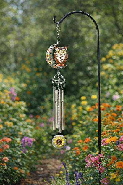 Owl Wind Chimes Set of 2 with Sunflower Welcome Medallion – Enameled Owl Hanging Décor with Stars, Leaves & Moon – Outdoor Garden Patio Porch Decor – 24" Hanging Length Gift for Home