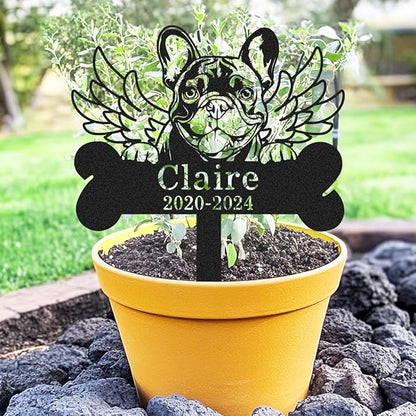 Custom French Bulldog Memorial Stake Personalized Metal Dog Memorial Grave Marker Lawn Garden Outdoor Décor Yard Sign for French Bulldog Dog Memorial Plaque Bone Garden Marker with Wings