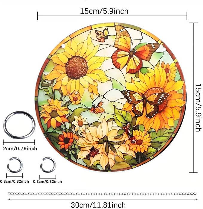 Sunflower Stained Window Hanging Suncatcher 7.9" Hand-Painted Sun Catcher Ornament for Home Garden Christmas Mother’s Day & Valentine’s Day Gift