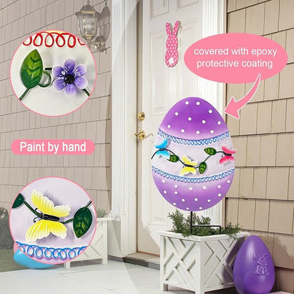 Easter Decorations Outdoor,3 Pack Metal Egg Yard Stake Signs for Outside,Cute Easter Happy Eggs Decorations Outdoor for Lawn,Garden Stakes for Spring
