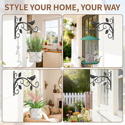 LASZOLA 4 Pack 12 Inch Hanging Plant Brackets, Heavy Duty Iron Wall Hooks with Decorative Bird and Leaf, Rust Proof Metal Outdoor Fence Hangers for Bird Feeders, Planters, Wind Chimes, Lanterns, Black