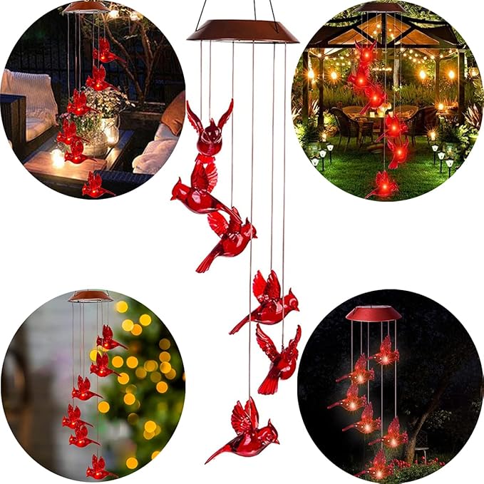 Cardinal Solar Wind Chimes for Outside, Solar Powered Red Bird Chime Light, Cardinal Gifts for Mother Mom Grandma Women Birthday, Hummingbird Decor for Patio, Deck, Yard, Garden, Home