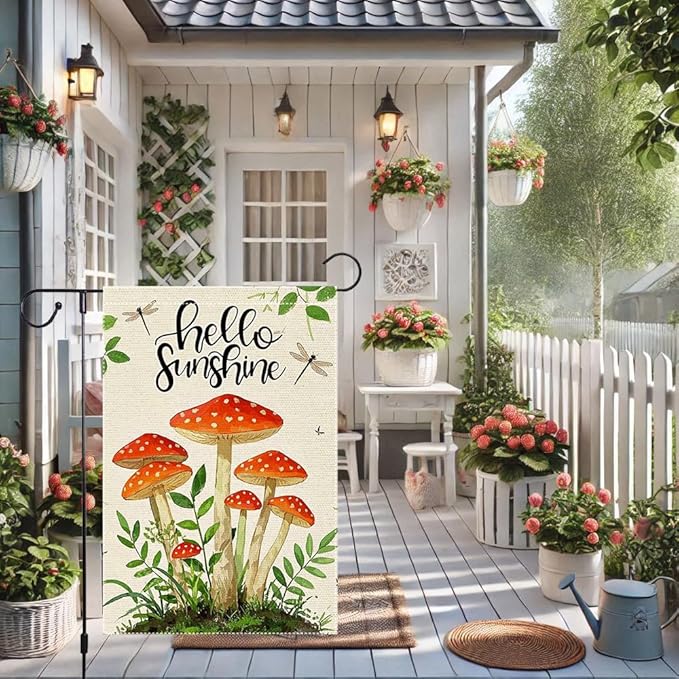 Hello Sunshine Garden Flag 12x18 inch Double-Sided Small Burlap mushrooms Yard Outside Lawn Rustic Farmhouse Flags Decorations