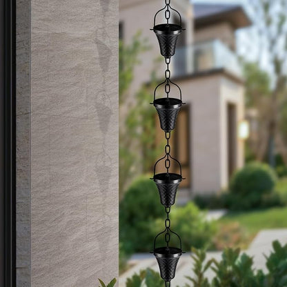 Rain Chains for Gutters Outside Black Powder Coated Downspouts Rain Catcher Diverter Metal Outdoor Decorative, 8.5 FT
