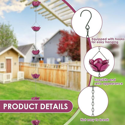 Gutter Chain, Rain Chain for Gutter, Downspout Decorative Metal Rain Catcher Diverter with Hook for Outside Windowsill Garden Patio Courtyard (Purple)