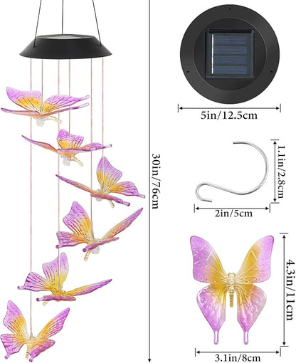 Colorful Solar Butterfly Wind Chimes for Outside Birthday Gifts for Mom Women Changing Waterproof Lights LED Wind Chime Outdoor Decor for Garden Lawn Patio Yard