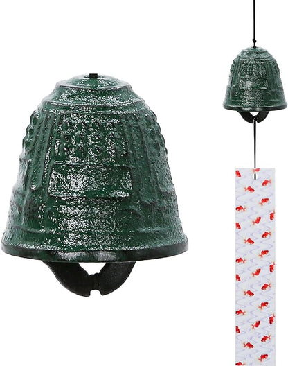 Japanese Wind Chime Cast-Iron Outdoor Ornament for Garden, Patio & Balcony, Hanging Metal Wind-Bell Decoration Gift, Blessing Pendant Windchimes & PVC Wind-Catcher, Green Bell