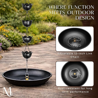 Monarch Rain Chains Rain Chain Basin – 12 Inch Hand Hammered Anchor Bowl for Gutters, Matte Black Decorative Anchoring Basin for Outside, Garden, Lawn & Patio Water Feature, Downspout Catcher Basins