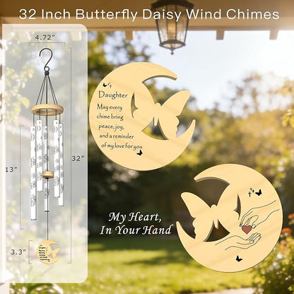 Gifts for Daughter, Unique Birthday Gift for Daughter from Mom Dad, 32" Butterfly Daisy Modern Wind Chimes, Love Reminder Gifts for Birthday Graduation Mother's Day (for Daughter)
