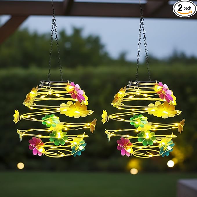 2 Pack Solar Lanterns Outdoor Waterproof , 30LEDs Hanging Solar Lights with Flower for Garden Patio Yard Decor, Gift for Grandma Gardeners Women