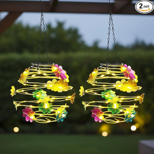 2 Pack Solar Lanterns Outdoor Waterproof , 30LEDs Hanging Solar Lights with Flower for Garden Patio Yard Decor, Gift for Grandma Gardeners Women