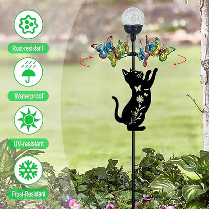Solar Lights Yard Stakes-Butterfly Wind Spinners,Metal Black Cat Garden Decor with Color Changing LED for Patio,Pathway,Lawn,Walkway,Outdoor Decorative