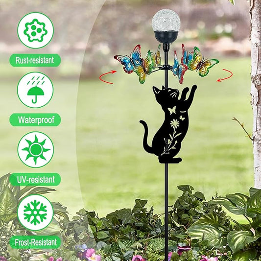 Solar Lights Yard Stakes-Butterfly Wind Spinners,Metal Black Cat Garden Decor with Color Changing LED for Patio,Pathway,Lawn,Walkway,Outdoor Decorative