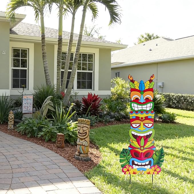 hogardeck Luau Party Decorations, Metal 3 Stacked Tiki Decorative Garden Stakes for Luau Outdoor, Hawaiian Party Decorations Tiki Yard Signs for Tropical Outdoor Garden Lawn
