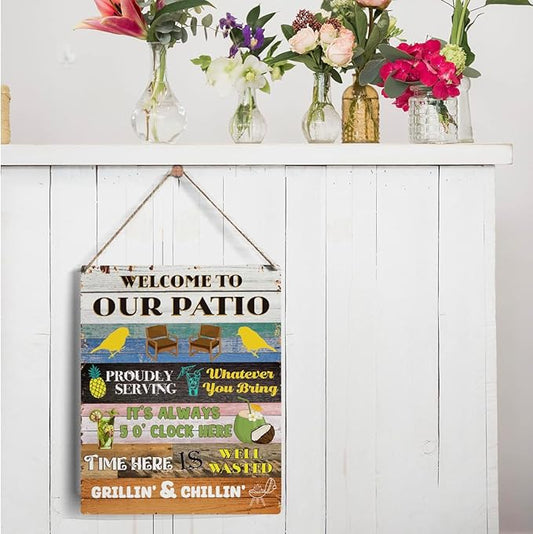 Colorful Patio Sign Gifts, Rustic Welcome to Our Patio Wooden Signs Wood Plaque Hanging Sign Home Outdoor Decor 8 x 10 Inches