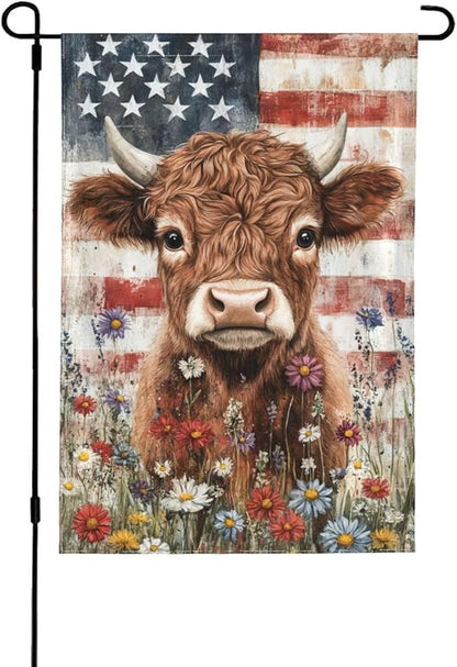 Wildflowers Highland Cow Garden Flags 12×18 Inch American Flag Double Sided Decorative Yard Banner for Outdoor Outside Decor