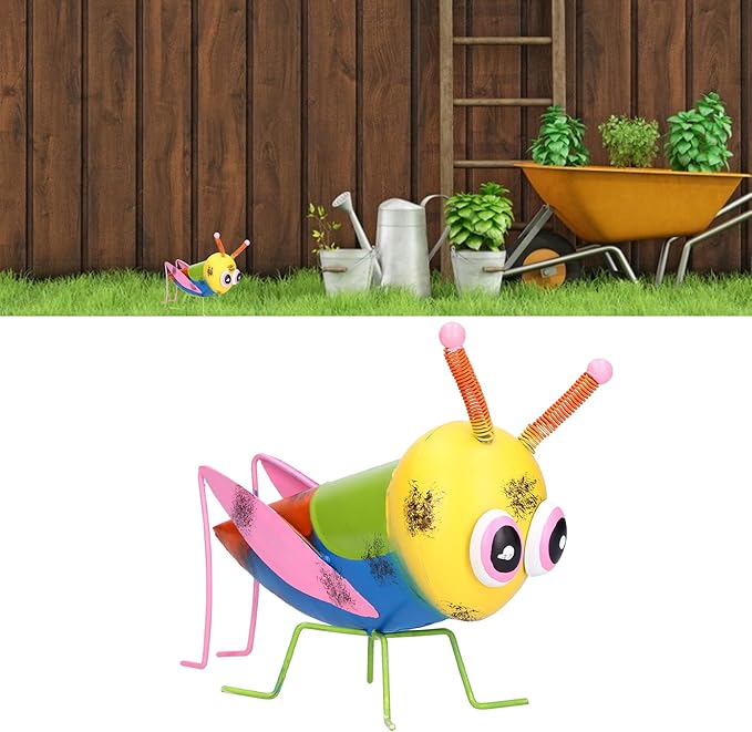 Iron Grasshopper Garden Ornament, Metal Sculpture for Outdoor Patio Lawn Decor, Hand - Painted Anti - Animal Figurine with Vivid Colors for Yard and Home Decoratio (Yellow)