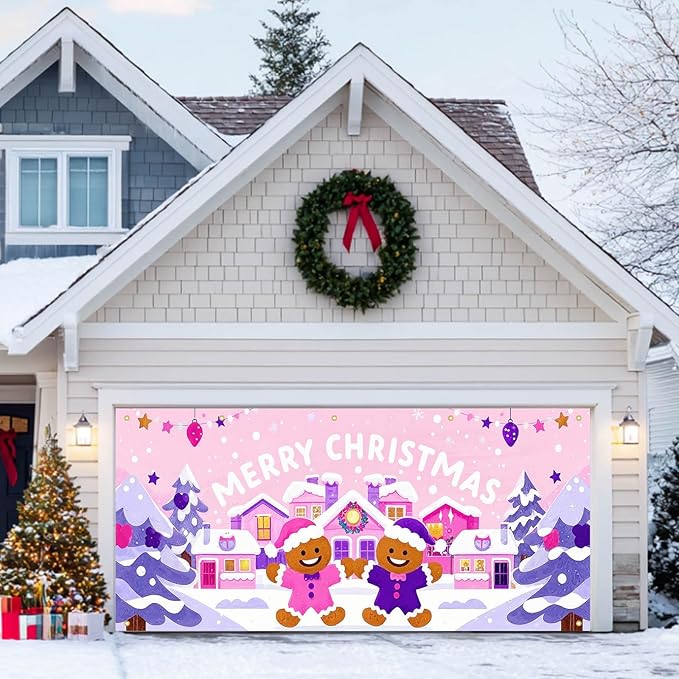 HOMETITUTE Christmas Garage Door Banner 13x6ft Pink House Gingerbread Man Backdrop with Purple Xmas Trees Snowflakes Star Lights Merry Xmas Sign Outdoor Yard Decoration