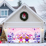 HOMETITUTE Christmas Garage Door Banner 13x6ft Pink House Gingerbread Man Backdrop with Purple Xmas Trees Snowflakes Star Lights Merry Xmas Sign Outdoor Yard Decoration