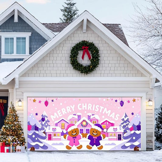 HOMETITUTE Christmas Garage Door Banner 13x6ft Pink House Gingerbread Man Backdrop with Purple Xmas Trees Snowflakes Star Lights Merry Xmas Sign Outdoor Yard Decoration