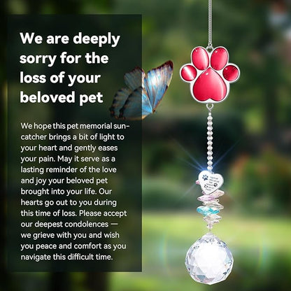Dog Memorial Gifts for Loss of Dog, Pet Memorial Gifts for Dogs, Thoughtful Bereavement Remembrance Crystal Suncatcher with Sympathy Card (Rose Red)