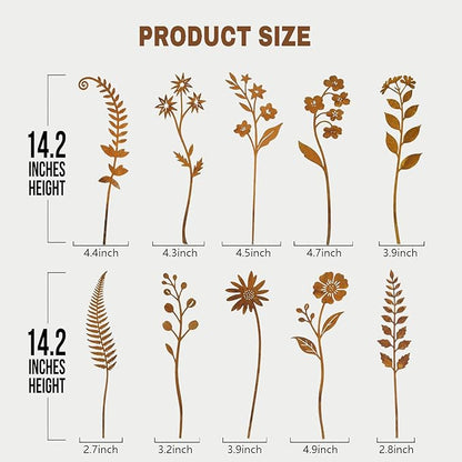 10 Pcs Rusty Metal Flower Garden Stakes,Rustic Metal Fern Leaf Plants,Iron Art Plant Shaped Decoration for Outdoor Lawn Walkway Patio