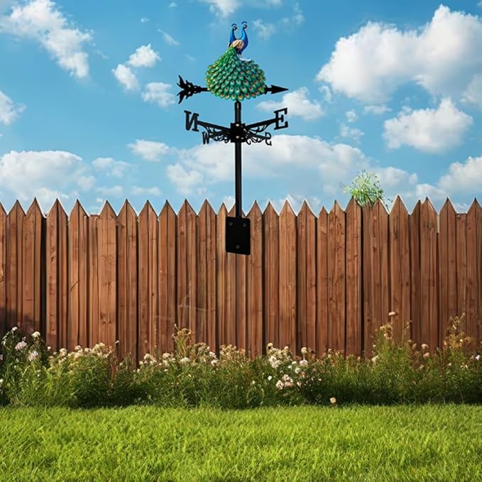 Colorful Red-Crowned Crane Weather Vane Metal Peacock Rooftop Weathervane Iron Wind Direction Indicator Garden Statue Yard Decor Lawn Ornament (Peacock Spreading)