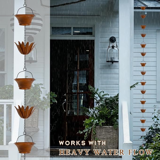 Lotus Rain Chains for Outside, 9.8FT Rain Gutter Chain with 16 Cups, Adjustable Rain Catcher Chain for Eaves Drainage, Replacement for Downspout