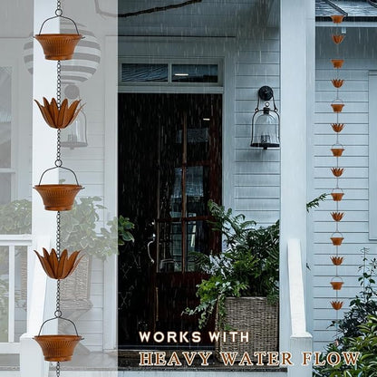 Lotus Rain Chains for Outside, 9.8FT Rain Gutter Chain with 16 Cups, Adjustable Rain Catcher Chain for Eaves Drainage, Replacement for Downspout