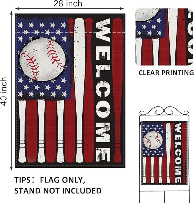 Welcome 4th of July Baseball Patriotic Decorative House Flag, America USA Red White Bat Garden Yard Outside Decoration, American Stars Burlap Outdoor Large Home Decor Double Sided 28 x 40