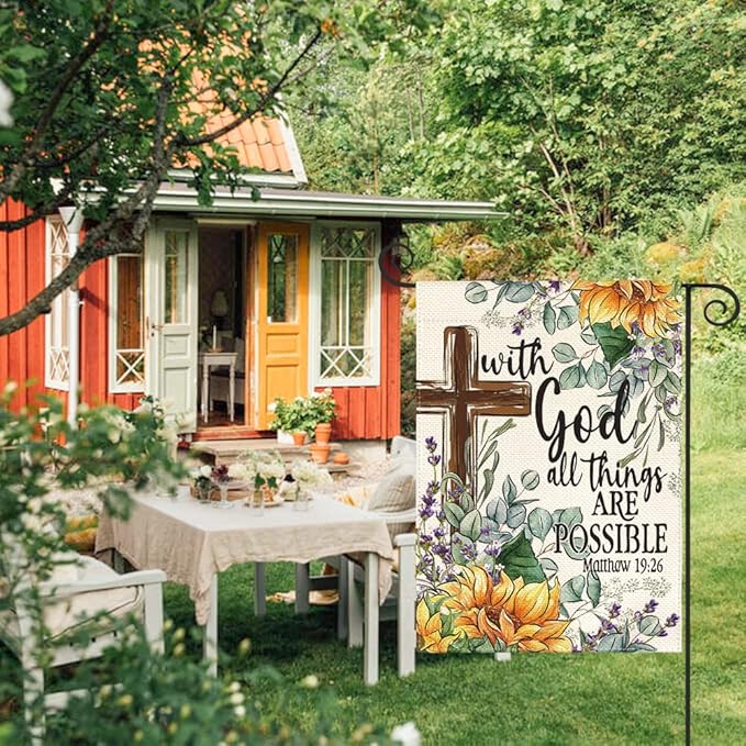 AVOIN colorlife Sunflower Spring Summer Garden Flag 12x18 Inch Double Sided Outside, With God All Things Are Possible Floral Yard Outdoor Decoration