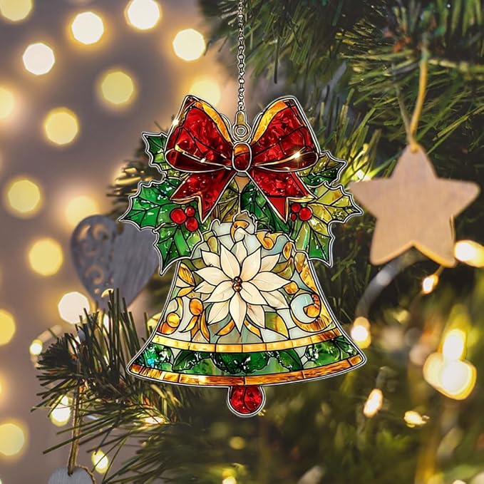 Winter Jingle Bell Scarf Knot Socks Acrylic Suncatcher Stained Glass Effect Window Car Hanging Christmas Ornament Indoor Outdoor Decor Garden Sun Catcher Panel for Women Mom Grandma