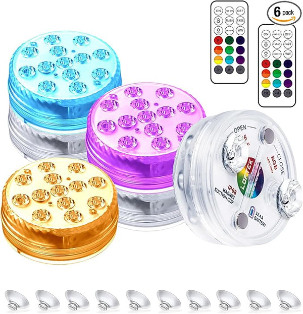 LOFTEK Submersible LED Lights with Remote, 13 LED Pool Lights for Inground Above Ground Pool with Magnets &Suction Cups,16 Color Changing Underwater Light for Ponds Battery Operated, 6 Pack