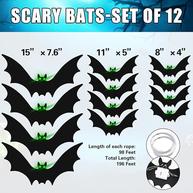 12 Pcs Hanging Bats with Lights Halloween Decoration Outside Pumpkin Skeleton Spider Outdoor Lawn Decorations 3 Size Realistic Ghost for The Tree Porch Yard Lawn Indoor(Bat)