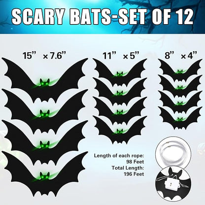 12 Pcs Hanging Bats with Lights Halloween Decoration Outside Pumpkin Skeleton Spider Outdoor Lawn Decorations 3 Size Realistic Ghost for The Tree Porch Yard Lawn Indoor(Bat)