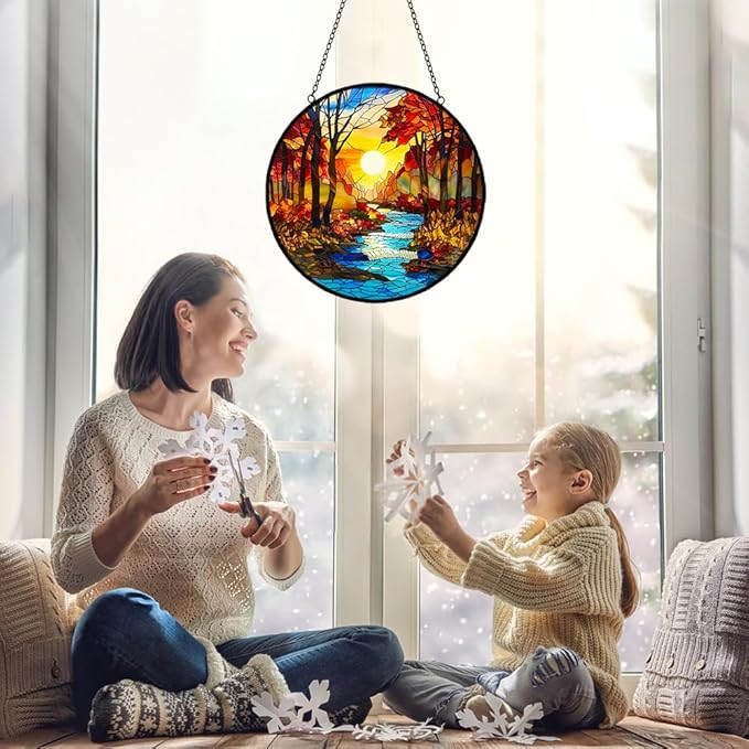 Sunrise Tree and River Landscape Stained Glass Suncatcher for Window Hanging - Handmade Mountains Sun Catchers Diamond Art Stain Glass Panel - Mother's Day Birthday Gift for Mom Grandma Nature Lovers